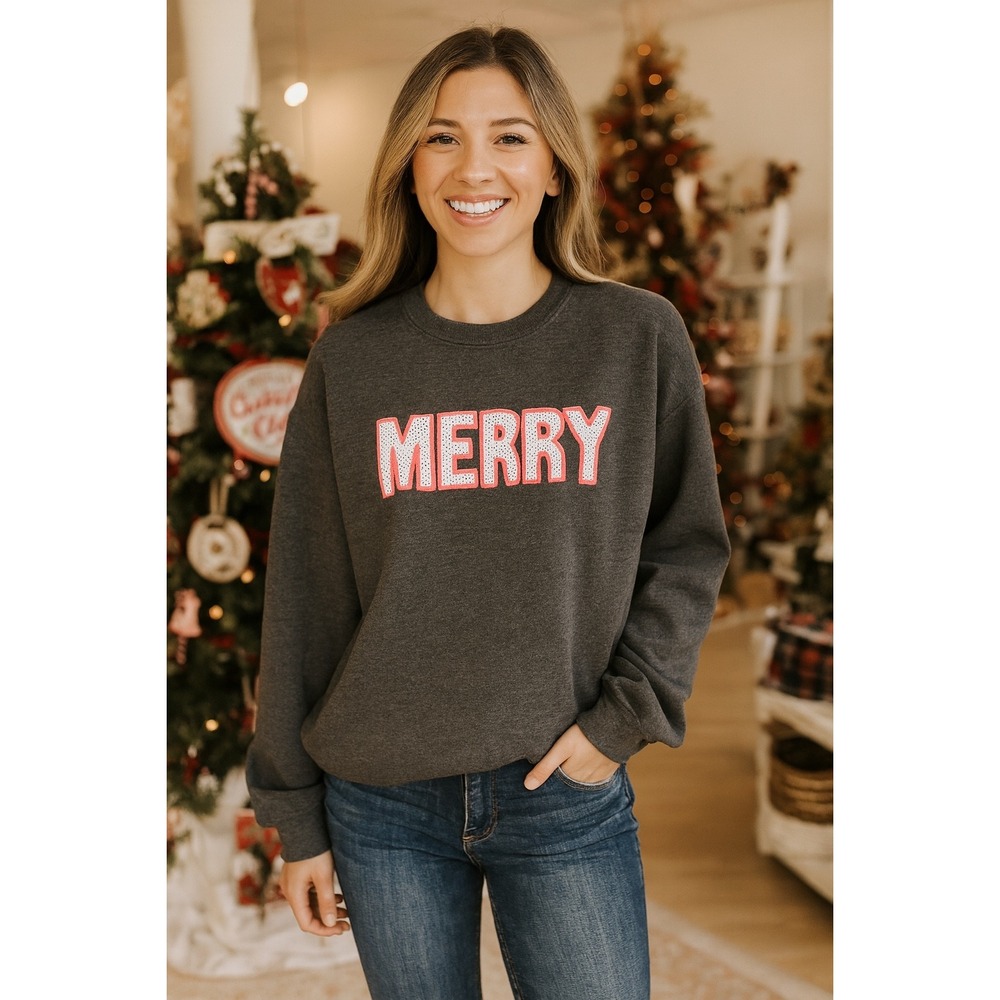Boutique Merry Dot Sweatshirt Dark Gray Crew Neck Christmas Holidays Women's‎ XL